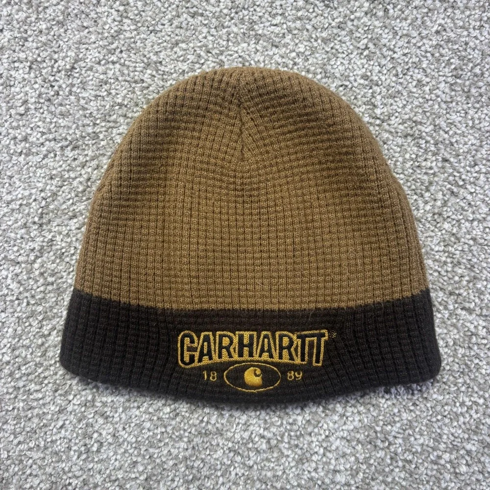 Y2K Carhartt Skull Beanie Mens One‎ Size Brown Knit Logo Stretch Winter Workwear